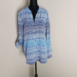 Diane Von Furstenberg Printed Blouse Women Size 8 Blue 100% Silk Roll Tab Sleeve